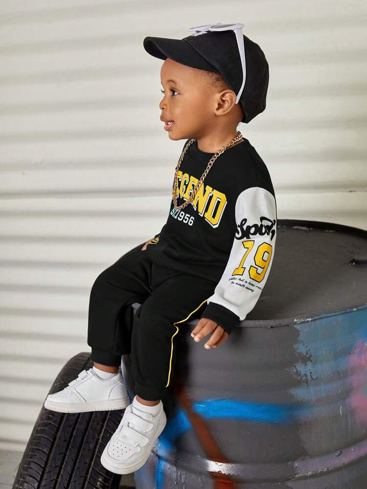 Baby Boy Letter Graphic Two Tone Sweatshirt & Sweatpants