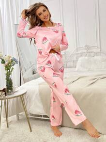 Watermelon Print PJ Set / Pajama Set, Fall Winter Clothes - Pink - View 4