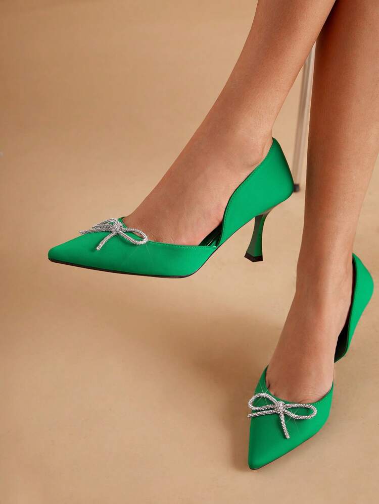 Women's Pointed High Heel Shoes With Rhinestone & Bow Decoration