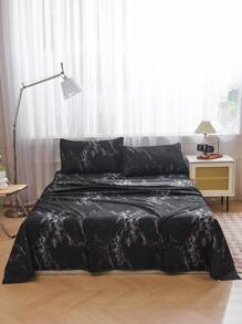 4Pcs Black Marble Pattern Sheet Set Bedding Set, 1pc Fitted Sheet & 1pc Flat Sheet& 2pcs Pillowcase Bedding Mattress Protector Set (Not Including Pillow Core)Luxury Fitted Sheet Set King Queen Full TWIN SIZE Sheet Deep Pocket Up To 11.8 Inch Pillowcase, Soft Breathable Wrinkle-Free Better For Sleep, Luxury Hotel Style, Gift For Mom Dad Friend
