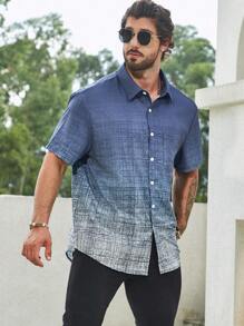 Manfinity Homme 男士加大渐变色短袖领扣衬衫 - 藍色 - 查看 5