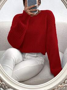 Chiquease Solid Ribbed Knit Drop Shoulder Sweater For New Year,Long Sleeve Tops Knit Pullover Fall Winter Sweater - Red - View 4