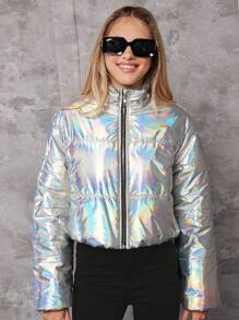 少女全息拉链衬垫外套 - 銀色 - 查看 5
