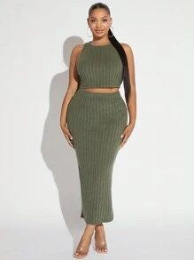 SHEIN SXY Hơn Chất rắn Áo ba lỗ & Váy bút chì - xanh quân đội - Xem 1