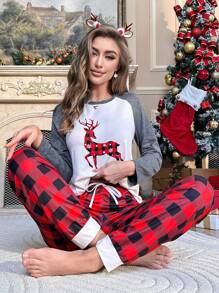聖誕麋鹿和水牛格子印花插肩袖睡衣套裝 - 彩色 - 查看 5
