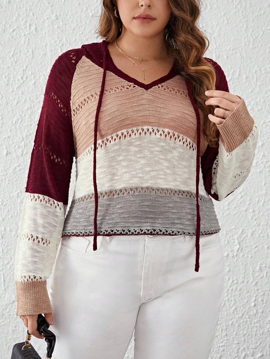 SHEIN Clasi Talla grande Jersey de color combinado de manga raglán con cordón con capucha - Burdeos - Ver 1