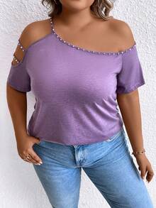 SHEIN CURVE+ 大碼不對稱領鏤空T恤 - 紫色 - 查看 6