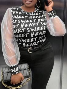 Maweii 加大字母图案撞色网眼灯笼袖 T 恤图案 T 恤女式上衣 - 黑色 - 查看 6