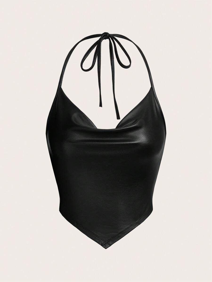 SHEIN ICON Draped Front Tie Backless Halter Top-Black Faux Leather - Black - View 1