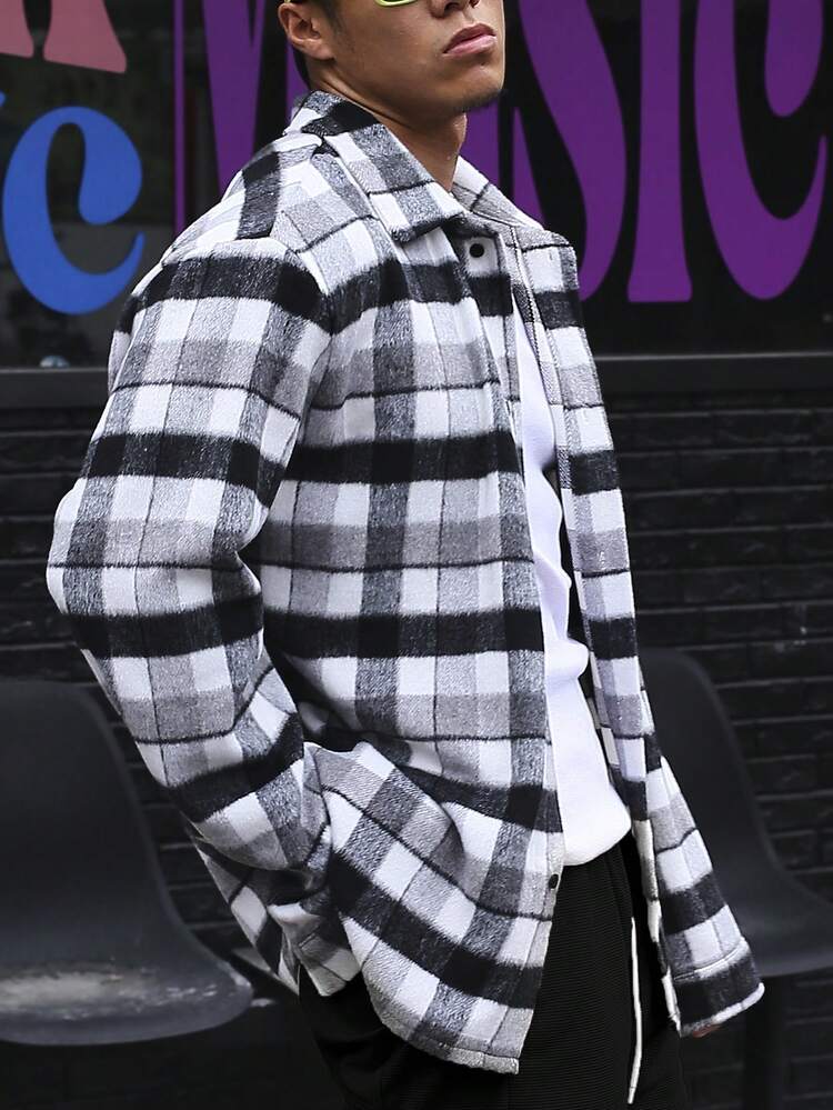 Men Plaid Flap Pocket Overcoat