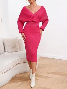 SHEIN Privé 1pc Solid Wrap Sweater & 1pc Knit Skirt