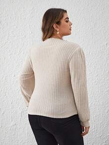 SHEIN Clasi Talla grande Camiseta ribete en forma de lechuga de manga farol tejido de canalé - Albaricoque - Ver 2