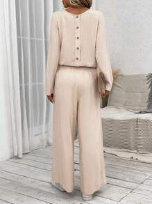 SHEIN LUNE Áo phông trơn & Quần ống rộng - Màu Khaki - Xem 2