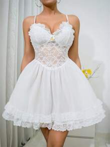 Contrast Lace Cami Pajama Nightdress Bridallingerie - White - View 1