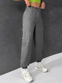SHEIN EZwear Flap Pocket Side Cargo Jeans - Grey - View 4