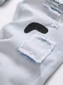 Teen Boy's Summer Breathable Color Block Sea Salt Blue Distressed Print Denim Jeans - Light Wash - View 3