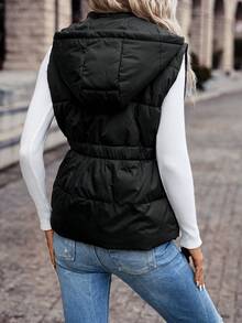 SHEIN Frenchy 拉链连帽背心夹棉外套 - 黑色 - 查看 2