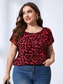 SHEIN LUNE Talla grande Blusa con estampado de leopardo de manga murciélago - Rojo - Ver 3