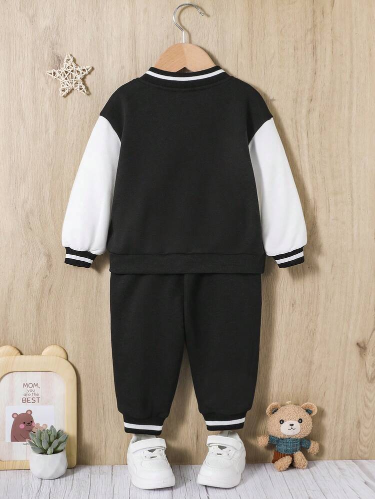 Baby Boy Letter Graphic Striped Trim Varsity Jacket & Sweatpants Without Tee
