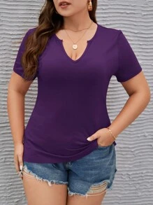 SHEIN LUNE 大碼缺口領T恤 - 紫色 - 查看 1