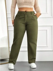 RueChic Plus Solid Slant Pocket Straight Leg Pants - Army Green - View 1