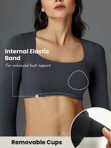 GLOWMODE Ribbed Modal Square Neck Long Sleeve Ultra Crop Top With Thumbhole - Iron Gray - View 5
