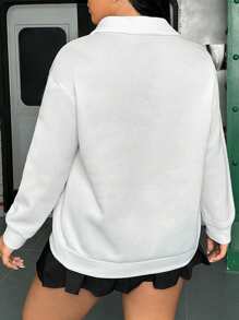 Flirla Plus Letter Patched Polo Neck Drop Shoulder Sweatshirt Pullover Fall Sweatshirt - White - View 2