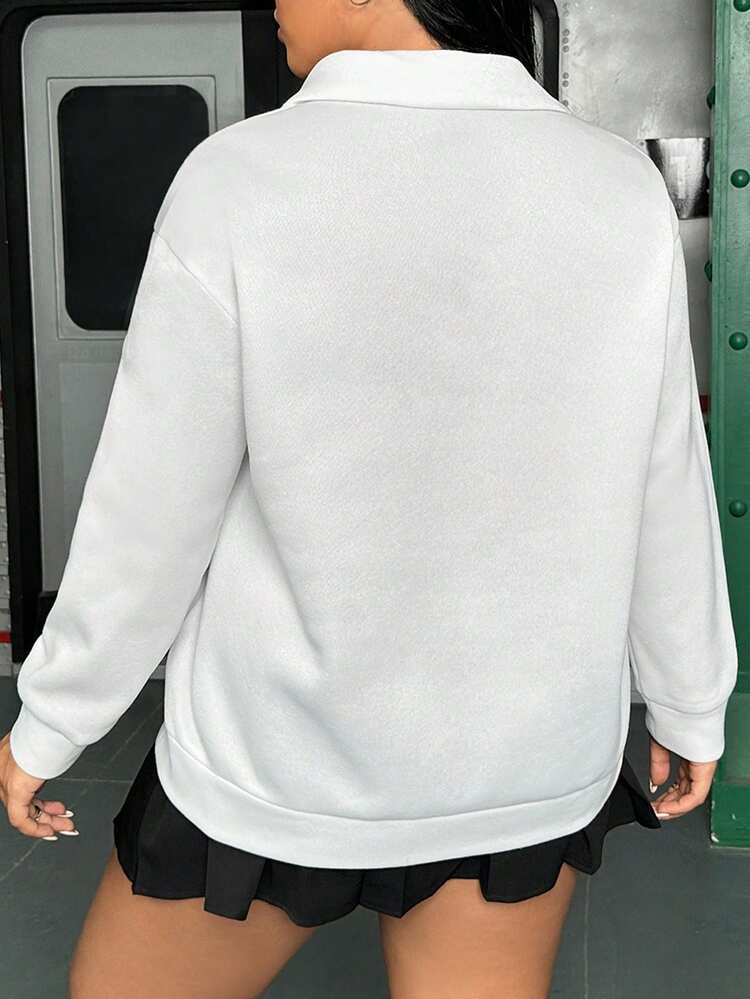 Plus Letter Patched Polo Neck Drop Shoulder Sweatshirt Pullover Fall Sweatshirt