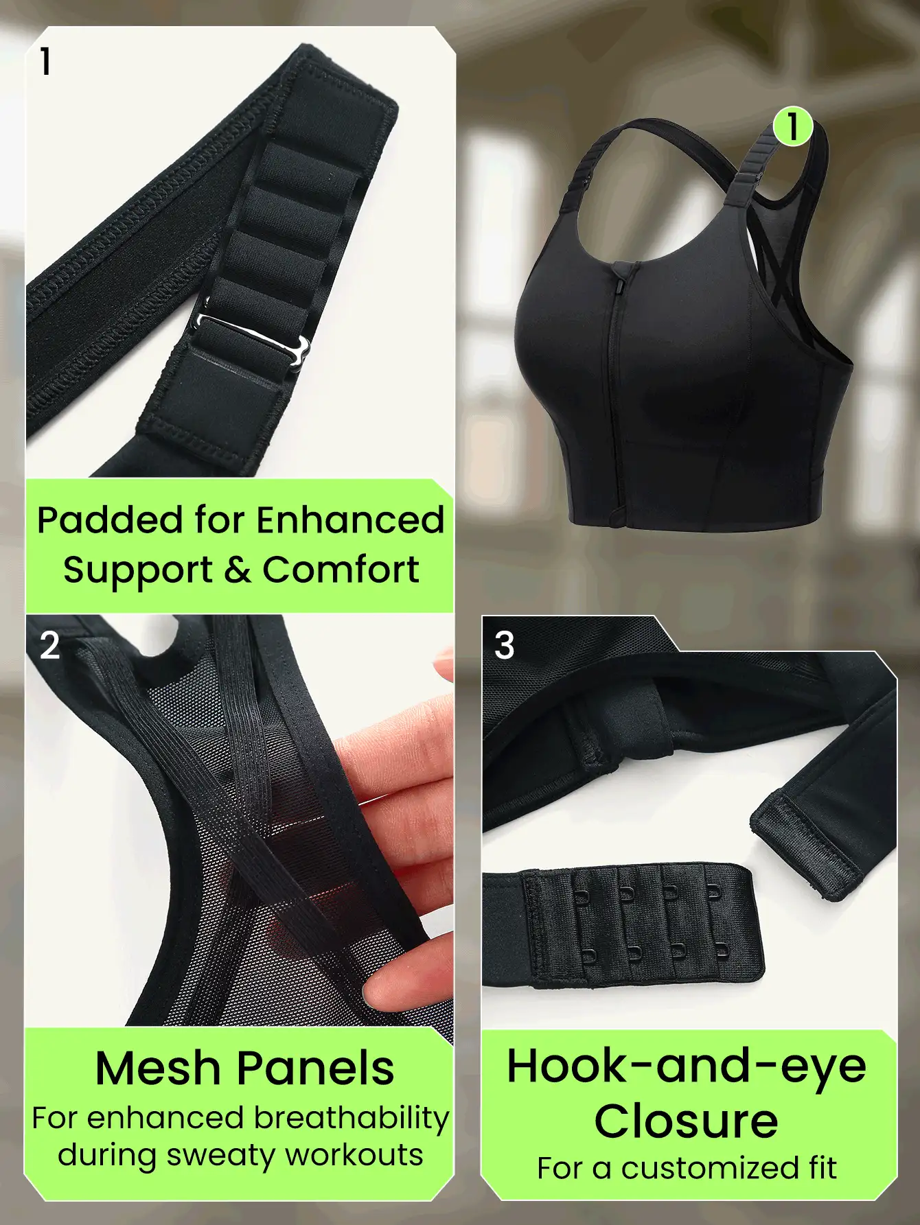 GLOWMODE 高支撐前拉鍊扣後面跨背運動胸罩,適用於健身鍛煉活動 - 黑色 - 查看 7