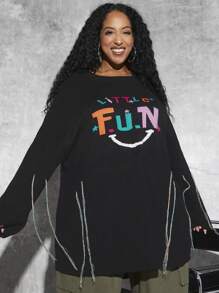 SHEIN CURVE+ 大碼字母圖案蝙蝠袖套頭毛衣
