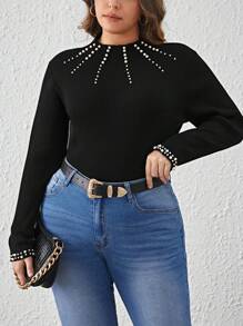 SHEIN Privé 秋冬珍珠串珠罗纹针织毛衣 - 黑色 - 查看 1