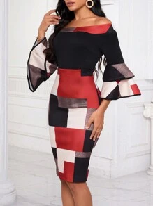 SHEIN Lady Khối màu Off Shoulder Tay áo loe Váy bodycon - Nhiều màu - Xem 6