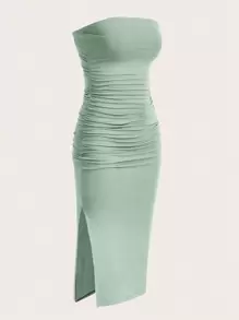 SHEIN EZwear 素色褶邊高衩抹胸洋裝 - 薄荷綠 - 查看 2