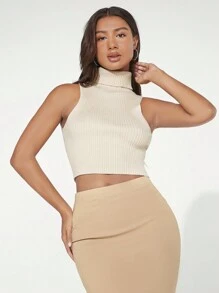 SHEIN BASICS 1入組高領條紋針織上衣 - 杏色 - 查看 7