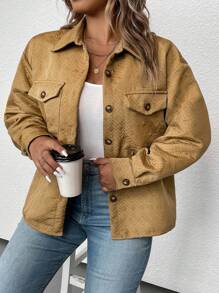 SHEIN LUNE Talla grande Cazadora de hombros caídos con bolsillo con solapa - Caqui - Ver 1