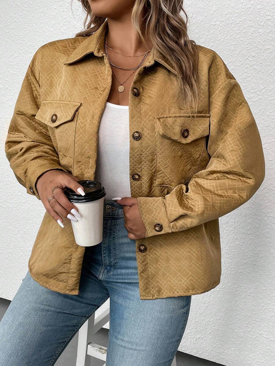 SHEIN LUNE Talla grande Cazadora de hombros caídos con bolsillo con solapa - Caqui - Ver 1