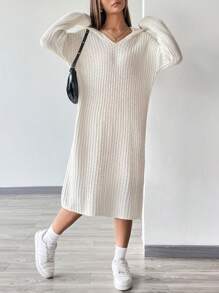 Flirla 落肩袖連帽毛衣洋裝 - 白色 - 查看 1