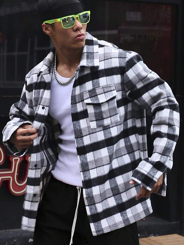 Men Plaid Flap Pocket Overcoat