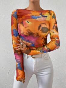 Allurite Tie Dye Boat Neck Mesh Top - Orange - View 5