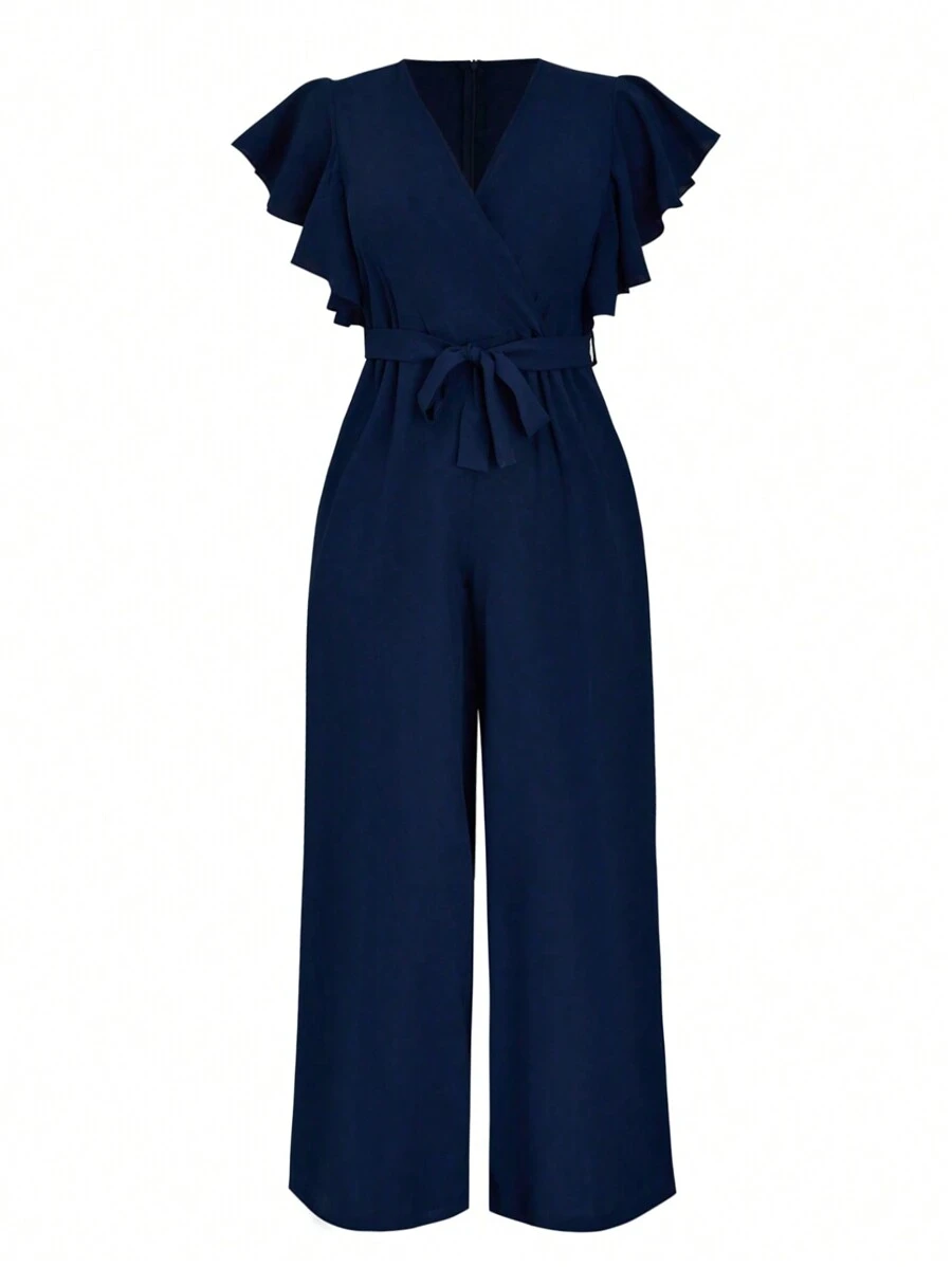 SHEIN Clasi Plus Butterfly Sleeve Belted Wide Leg Jumpsuit - Navy Blue - View 1
