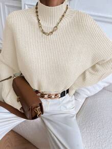 RosyDaze Mock Neck Ribbed Knit Pullover Fall Winter Sweater - Beige - View 4