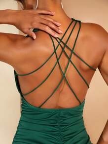 SHEIN BAE 露背交叉褶邊緊身連衣裙 - 墨綠色 - 查看 7