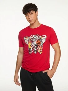 Manfinity Roghcode 男士骷髅和南瓜印花 T 恤和抽绳腰运动裤，适合万圣节 - 彩色 - 查看 4