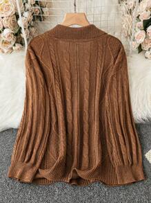 SHEIN LUNE 大碼麻花編織落肩袖套頭毛衣 - 棕色 - 查看 2