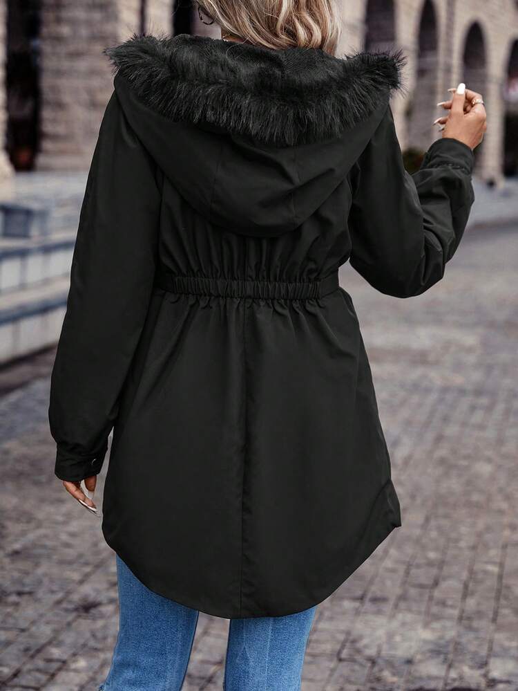 Flap Pocket Fuzzy Trim Hooded Drawstring Waist  Coat Winter Black Casual