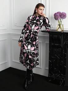 MOTF PREMIUM BELTED ABSTRACT PRINT DRAPED DRESS - Multicolor - View 2