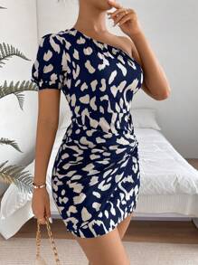 Pariaura Allover Print One Shoulder Twist Front Dress - Navy Blue - View 3