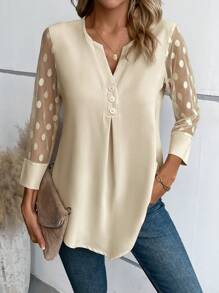 EMERY ROSE Blusa de manga de malla jacquard en contraste con botón - Albaricoque - Ver 6