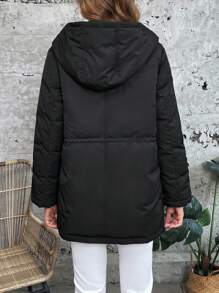 SHEIN LUNE 抽绳腰部连帽棉服外套 - 黑色 - 查看 2