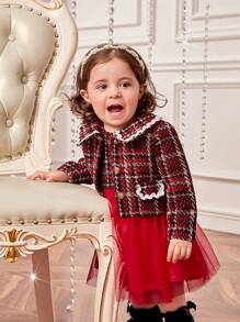 SHEIN Baby Girl Plaid Print Statement Collar Jacket & Mesh Overlay Dress